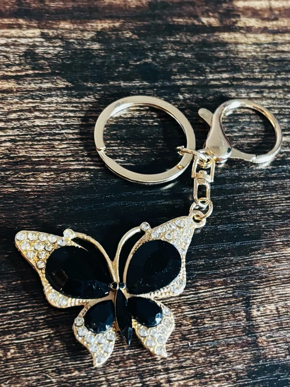 Gold Tone Black Crystal Rhinestone Butterfly Keychain